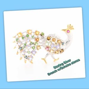 Sterling Silver Peacock Brooch w/Genuine Gemstone